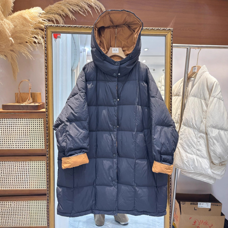 Korean Style Hooded Mid-Length down Jacket for Women 2025 Autumn and Winter New Thickeneded Large Size Contrasting Color Artistic Jacket