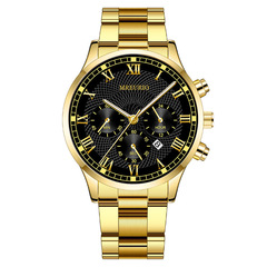 廠家批發羅馬刻度時尚日曆假三眼商務男士手錶男表鋼帶男款石英表