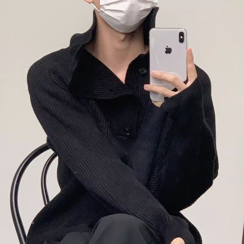Botón estilo coreano suave textura glutinosa medio suéter de cuello alto de los hombres de alto grado de otoño e invierno flojo perezoso suéter abrigo de moda