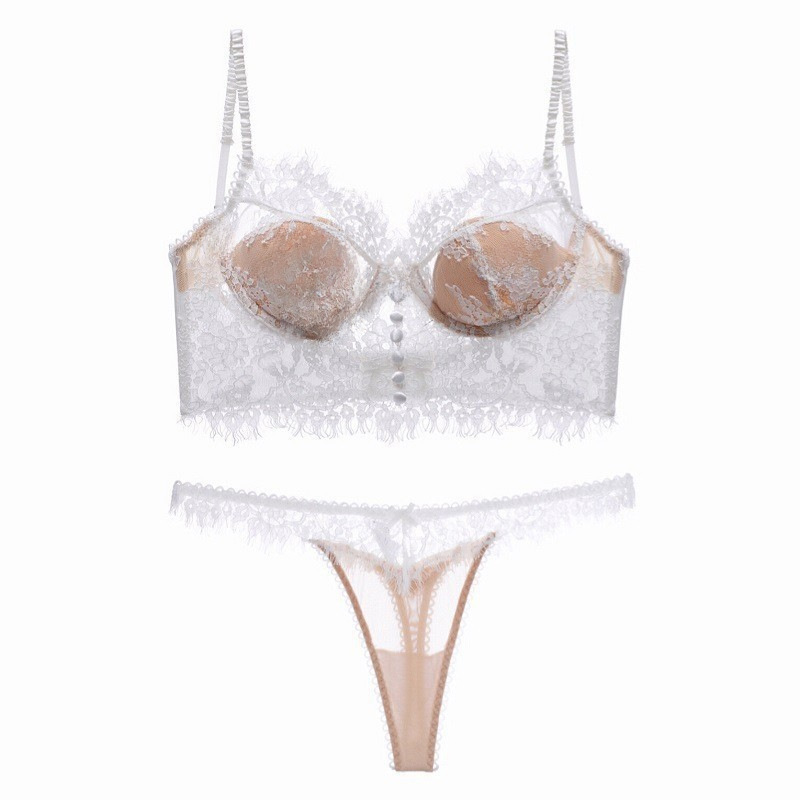 New Style Eyelash Lace Thin Cotton Bra Pad Breathable Sexy Gathered Underwear Women's U-Shape Backless Bra Set 