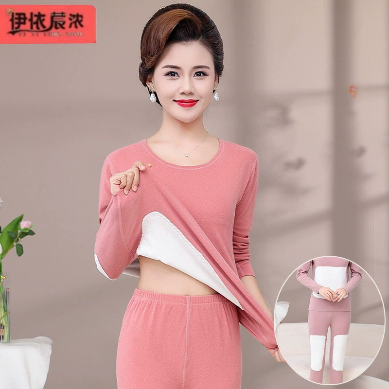 Зимняя женская теплая одежда, костюм, однотонный пуловер для женщин среднего возраста, осенняя одежда, длинные брюки с накладными наколенниками, подушечкой для живота