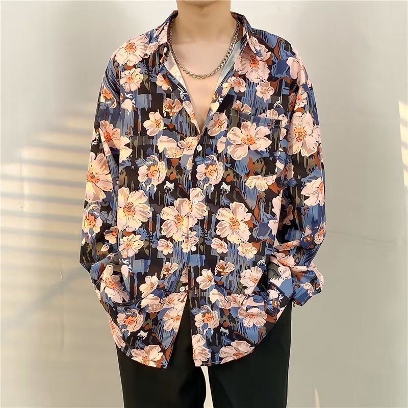One-piece dropshipping cross-border oil painting print shirt men's spring and autumn ins Hong Kong style retro long-sleeved shirt loose trendy youth