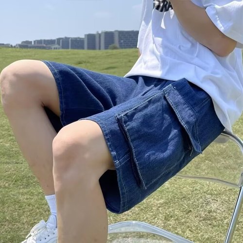 Men's Summer American Retro Knee-Length Six-Front Cargo Denim Shorts Loose Wide Leg Five-Front Pants