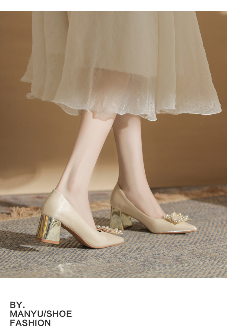 Giày cưới mũi nhọn gót thô cao 9 cm, miệng nông, phong cách cổ điển — Màu đỏ rượu chi tiết 11
