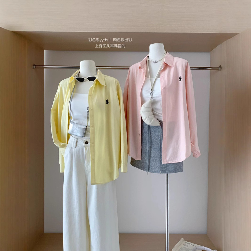 French Style Pony Embroidered Blue Shirt Women's Long Sleeve Korean Style Loose Niche Design Shirt