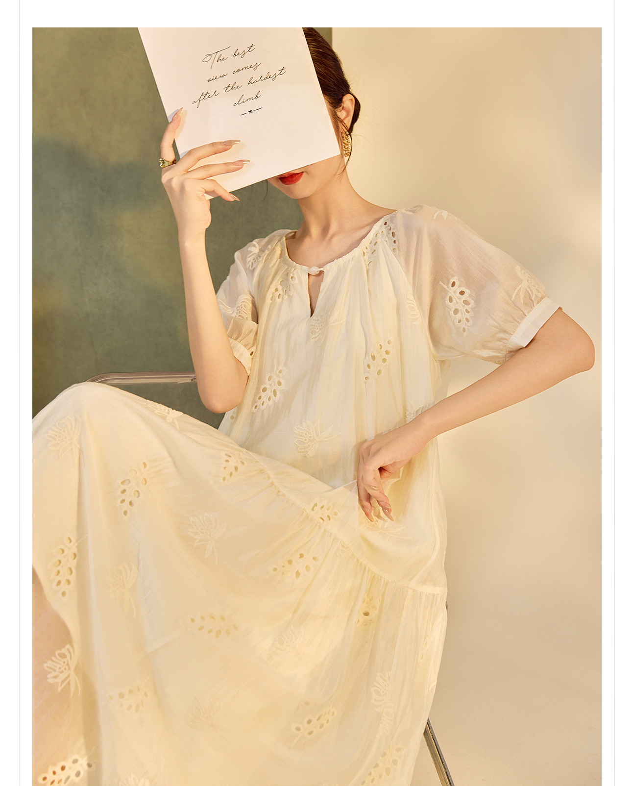 Váy suông midi Tencel phong cách Trung Quốc mới tay ngắn cổ tròn — Màu trắng be chi tiết 7