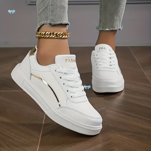Women's White Fashion Sneakers - Lightweight Lace-Up Low
