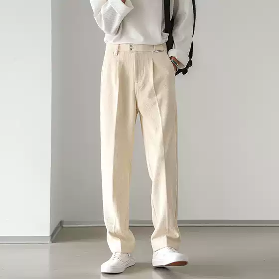 Solid Corduroy Casual Trousers for Men, Vintage Oversized Winter Style, Preppy Chic Streetwear