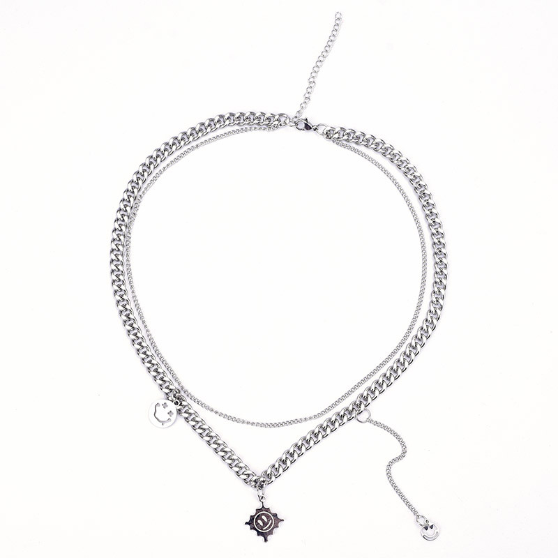 Collier Hip Hop Double couche en acier titane pour hommes et femmes, coupe-vent, tendance, visage souriant, soleil, nouveau_voghion.com