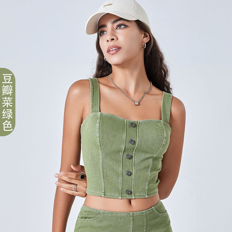 女性用イミテーションデニムフィットネスヨガベスト、高弾性U字型胸パッド、スリムメタルバックルスリングスポーツカジュアルトップ|undefined
