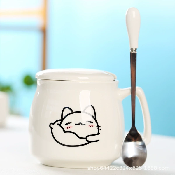 Breakfast Cup White Enjoy Cat Cover Exclusive Spoon
