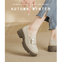 英倫風小皮鞋女2023春新款高跟粗跟真皮單鞋學院厚底樂福鞋一腳蹬