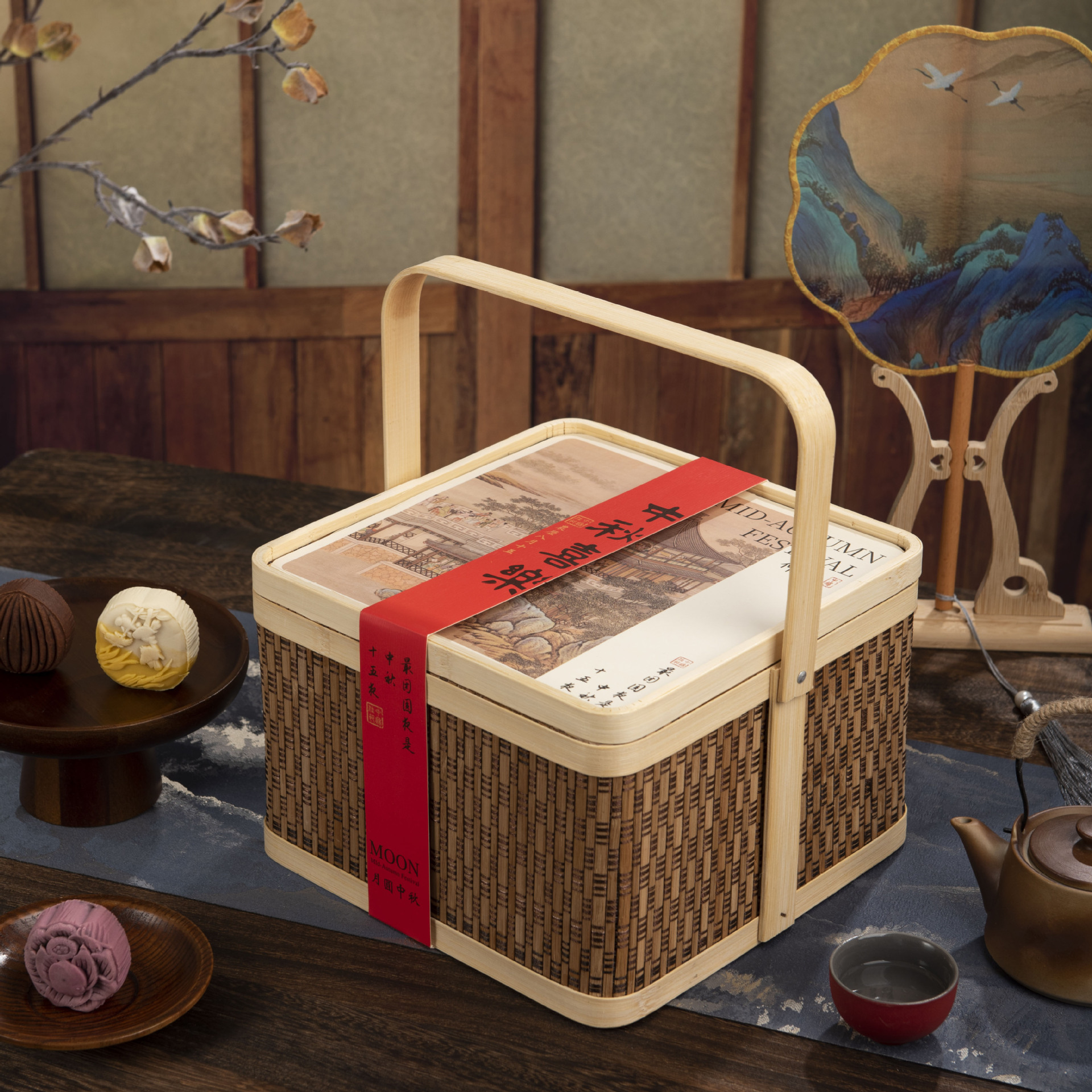 现货工厂直发中秋国风月饼盒空盒子竹编篮子手提正方形礼品包装篮