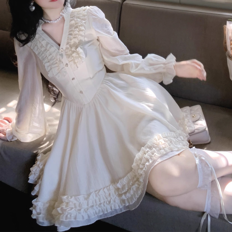 小甜云 设计感法式V领气质蕾丝花边高腰长袖连衣裙秋季新品裙子潮|undefined