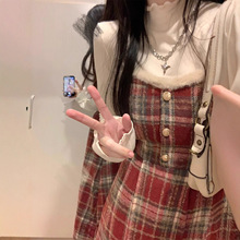 法式复古圣诞/新年战袍两件套装毛呢背带连衣裙女+白色打底衫上衣