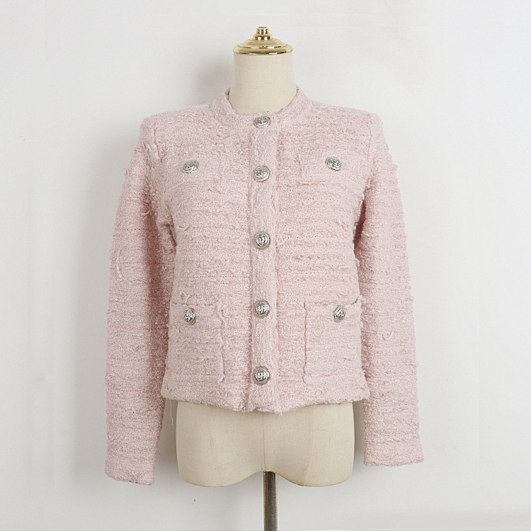 2024秋冬新款时尚圆领小香开衫法式通勤长袖金属扣外套女装批发