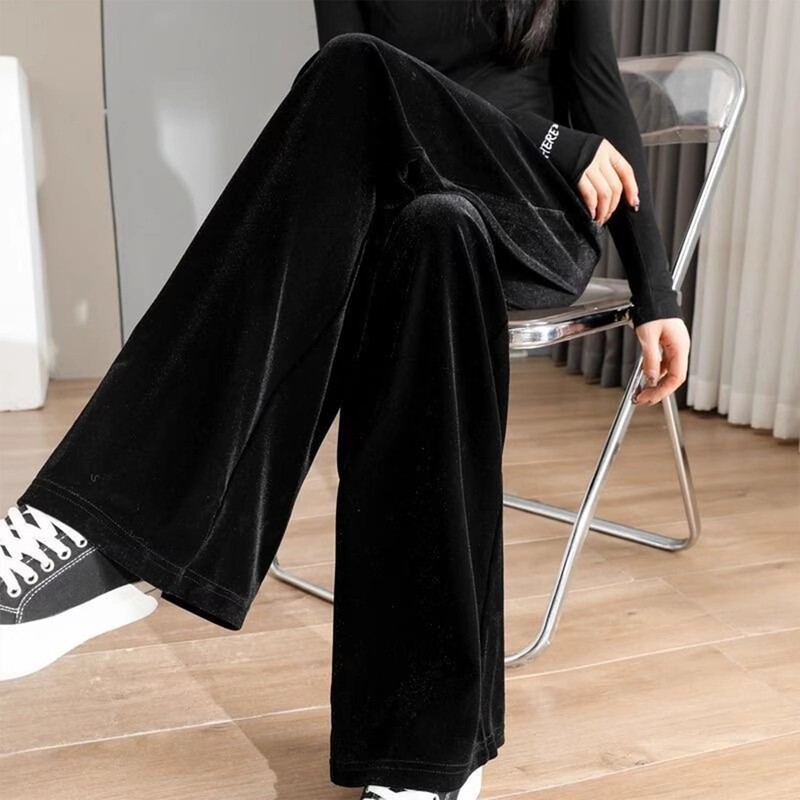 2026 Spring/Summer New Velvet Draped Thin Casual Wide-Leg Pants for Women, High-Waisted Cropped Straight-Leg Trousers
