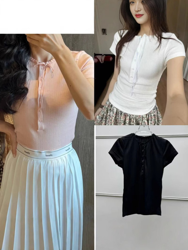 American Do25 Summer New Elegant Lace Round Neck Shell Button Slim Lace-Up Short-Sleeved Knitted T-Shirt