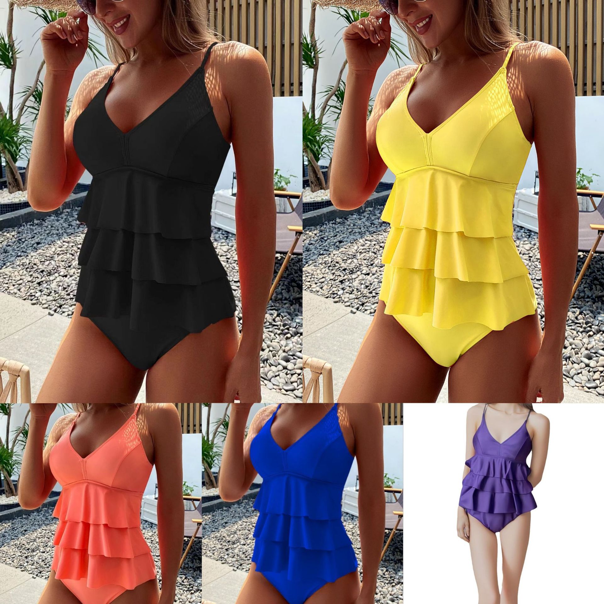 Amazon Ladies Split Swimsuit Stand-alone wish Solid Color Conservative Multi-layer Ruffled European and American Foreign Trade Swimsuit