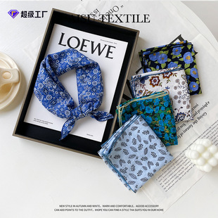 All-cotton blue cashew scarf small square scarf for women's spring new versatile floral printed cotton and linen scarf wholesale