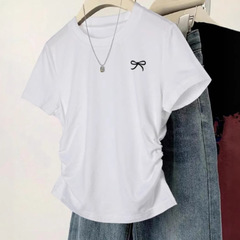 在庫あり、かわいいスタイル、右肩半袖Tシャツ、プリントウエスト痩身、万能韓国風スリム大きいサイズ太めトップス夏