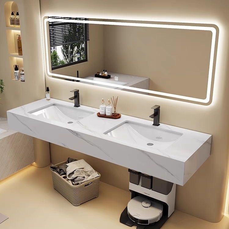 Public restroom rock plate washbasin, double-basin bathroom cabinet, wall-mounted double-person washbasin cabinet, combination bathroom set details Picture