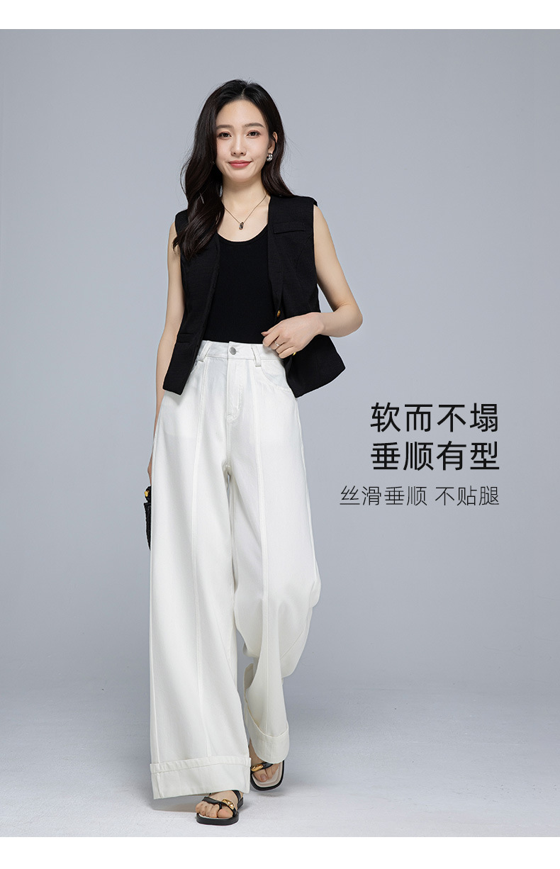Quần jean ống rộng nữ cạp cao vải Tencel cotton mềm mại, dáng suông rộng, gấu xắn, mỏng nhẹ mùa hè — Màu trắng chi tiết 14