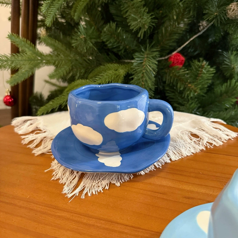 Ceramic coffee cup set INS Japanese retro, hand-painted irregular saucer, vintage style