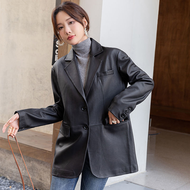 不裂皮皮衣外套女2025新款港风进口水洗皮减龄洋气西装领宽松风衣