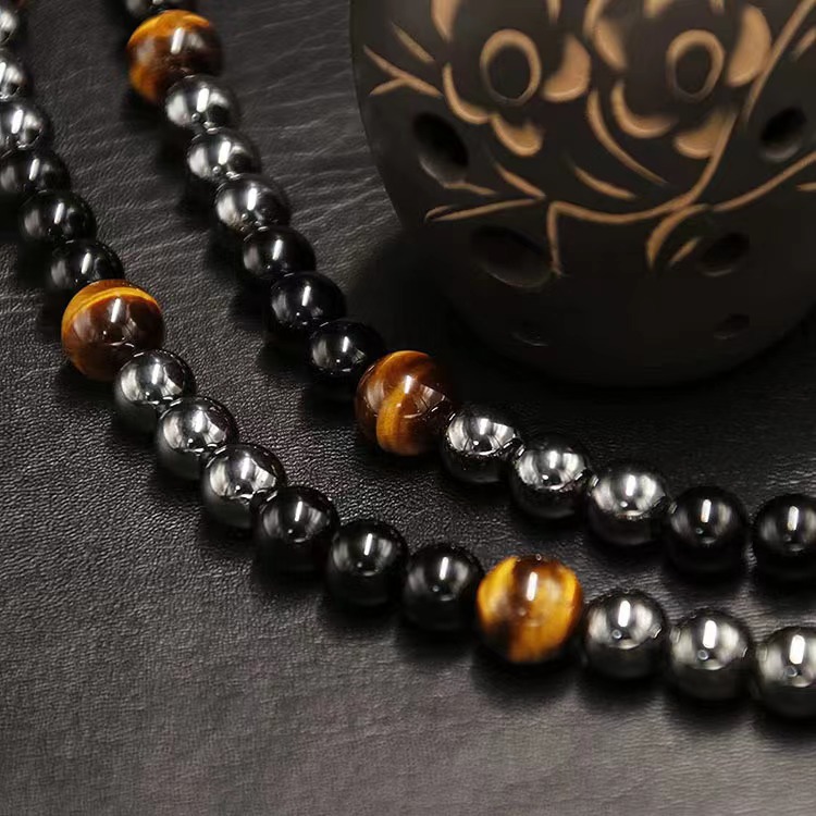 1 Piece Retro Geometric Beaded Tiger Eye Obsidian Men's Necklace display picture 3