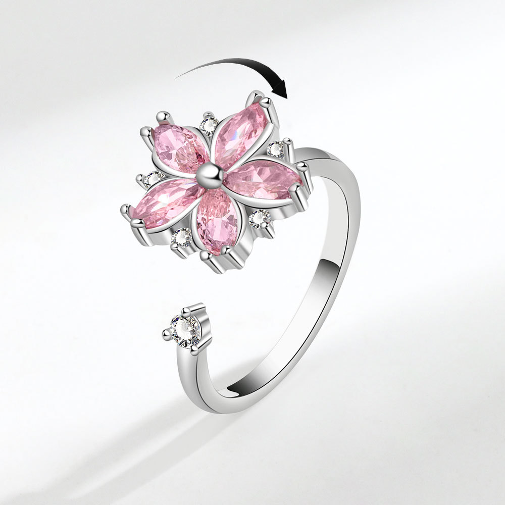 AliExpress Amazon Supply Rotating Ring Women's Cherry Blossom Pink Zircon Flower Decompression Anti-anxiety Ring Set
