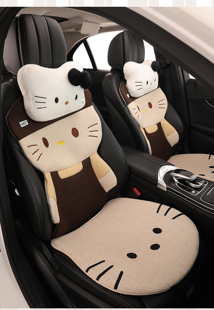 Four Seasons Linen Car Seat Cushion Cute Hat Cat Skin-Friendly Breathable Rear Seat Single Universal Seat Cushion Seven-Piece Set