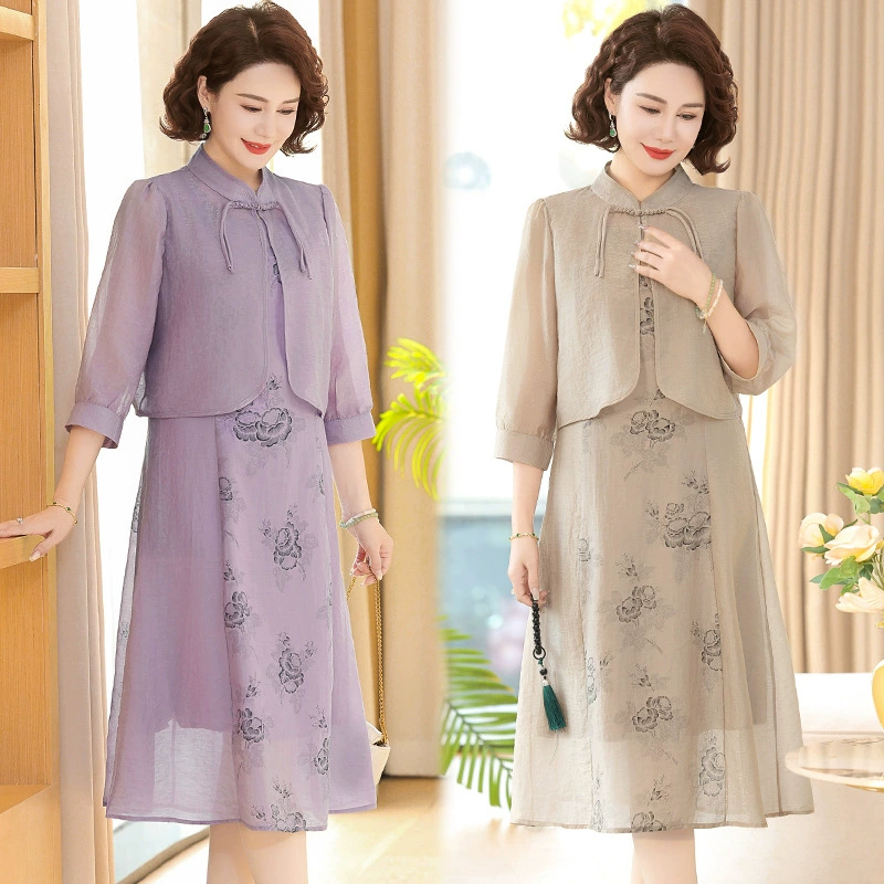 Новое платье 2025 года, модное двухкомпонентное платье с цветочным принтом, больших размеров, скрывающее живот, стройнящее, средней длины.