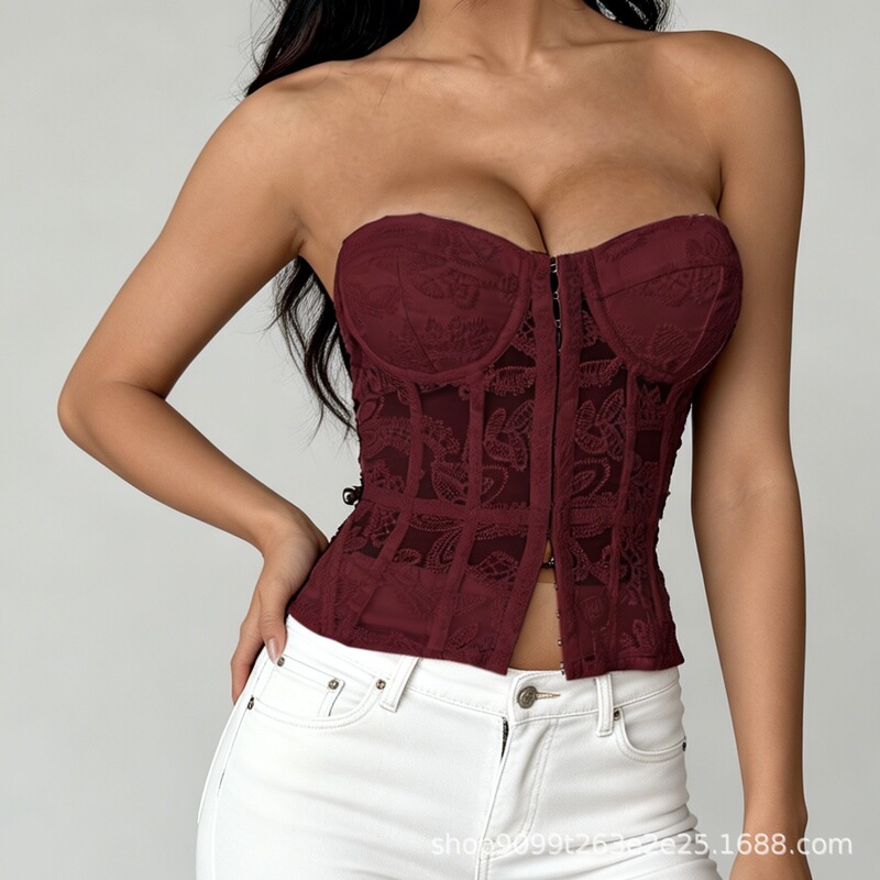 New Cross-Border Spicy Girl Style Embroidered Fishbone Tube Top Pure Desire Tight-Fitting Waist-Cinching Lace Camisole Women's Bra New Cross-Border Spicy Girl Style Embroidered Fishbone Tube Top Pure Desire Tight-Fitting Waist-Cinching Lace Camisole Women's Bra