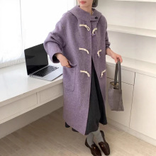 25韩版秋冬新款格子连帽牛角扣中长款显瘦减龄双面羊毛大衣外套女