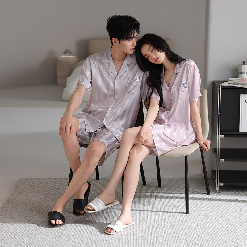 Couple's Pajamas for Women, Summer Style, Ice Silk Short-Sleeve Shorts Set, Cute Cartoon Stripes, High-End Feel, Men's Loungewear