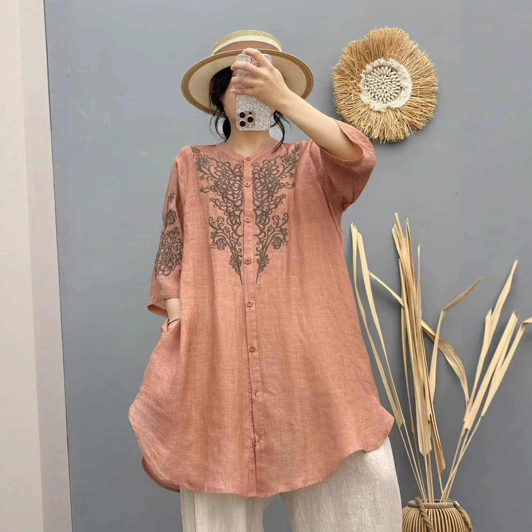 Кардиган с круглым воротником, рубашка, oversize, с вышивкой
