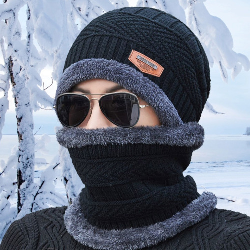 Winter Knitted Hat for Men with Fleece Lining and Thick Warm Insulation, Neck Scarf Hat for Cycling Cold Protection, Two-Piece Set, Woolen Hat for Women