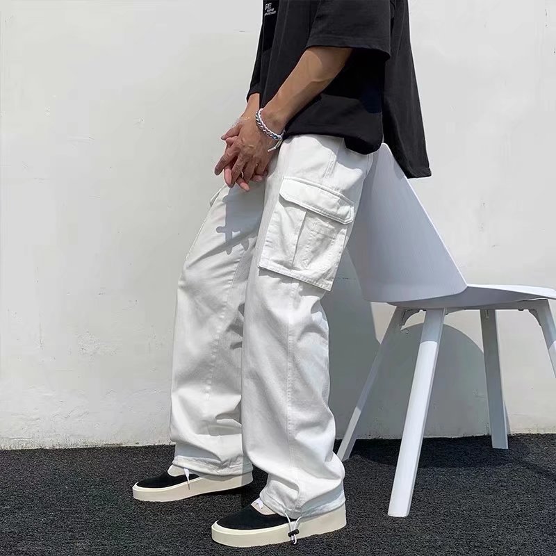 2021 multi-pocket overalls men's trendy Hong Kong style casual trousers high street functional style straight pants Ruan handsome men's pants
