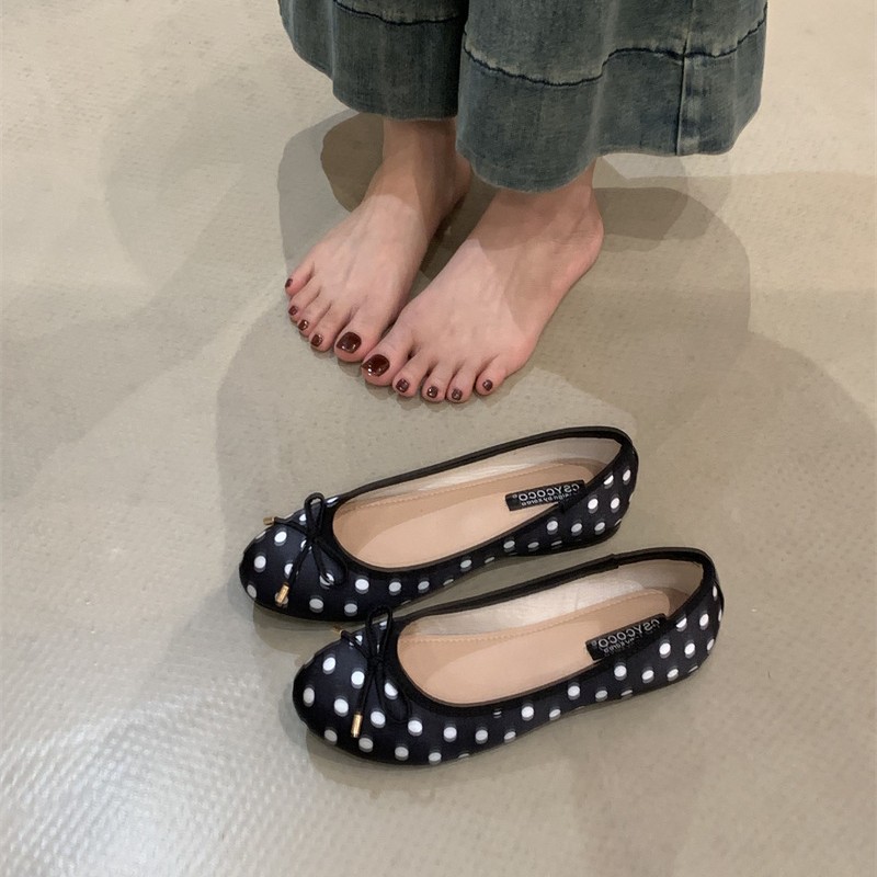 French Satin Polka Dot Round Toe Flats Shoes Evening Style Slip-On Shallow Mouth Soft Bottom Bow Ballet Shoes for Women