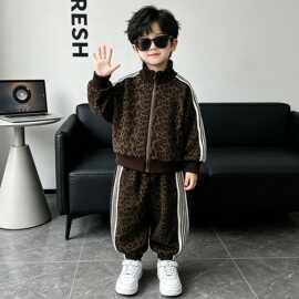 男童春秋装豹纹套装2026新款洋气时髦衣服儿童运动外套休闲两件套