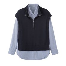 2025秋冬新款时尚百搭宽松显瘦针织马甲衬衫上衣两件套女1CAF411G