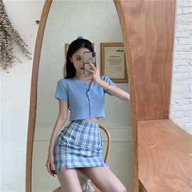 ins时尚短裙女套装夏季韩版高腰格子裙+短袖针织薄开衫上衣两件套
