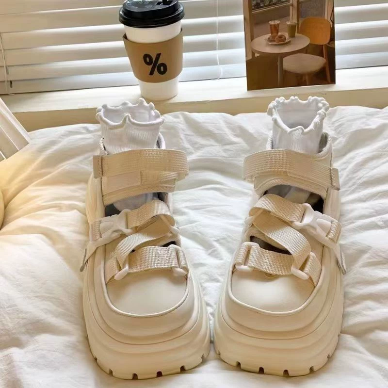 Женские сандалии с открытым носком, летние непромокаемые универсальные белые кроссовки в корейском стиле на толстой подошве, спортивные сандалии с открытым носком.