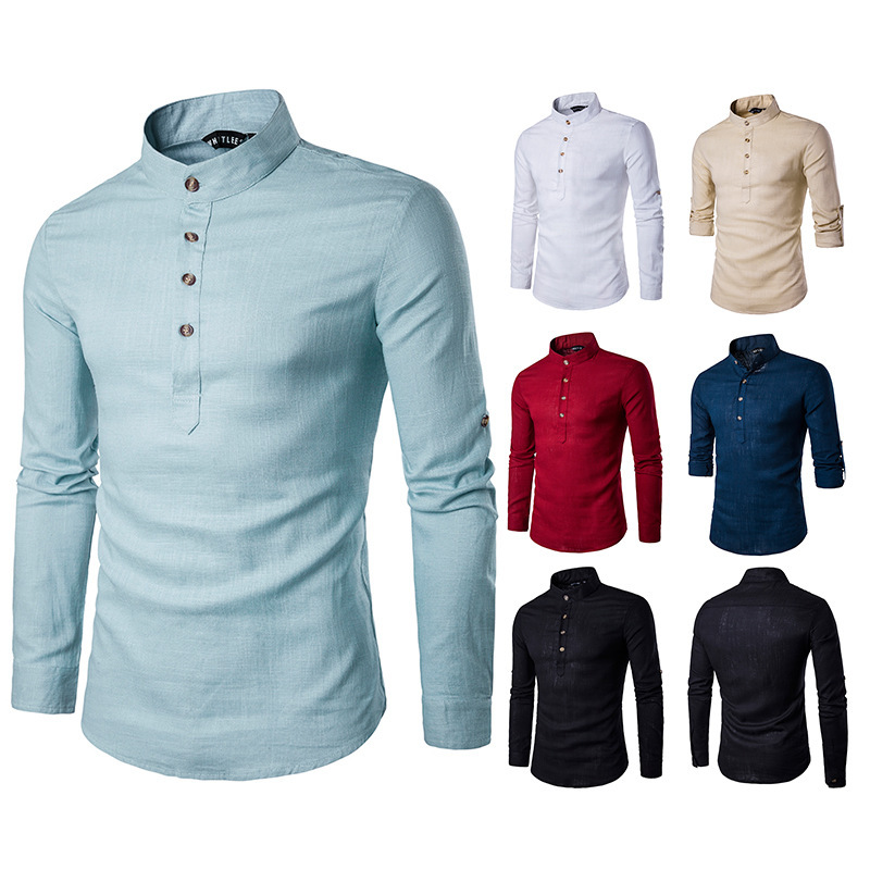 Amazon transfronterizo nuevos hombres de tamaño europeo de color sólido de algodón y lino camisa de manga larga Henry Collar de lino de color sólido camisa de cuello alto