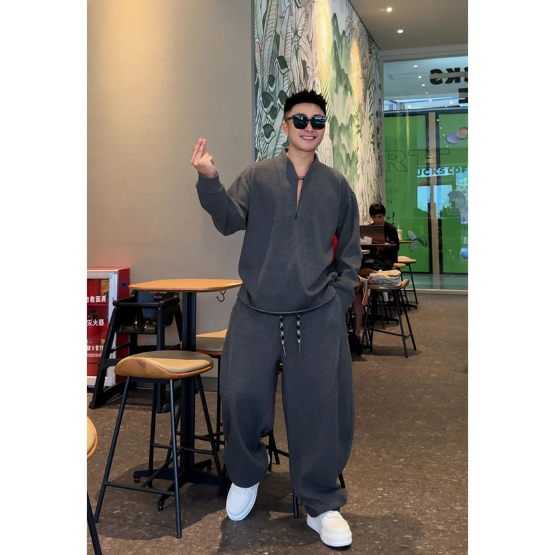 时尚酷帅云朵绒卫衣套装秋季休闲宽松立领半拉链潮流卫衣休闲裤|undefined