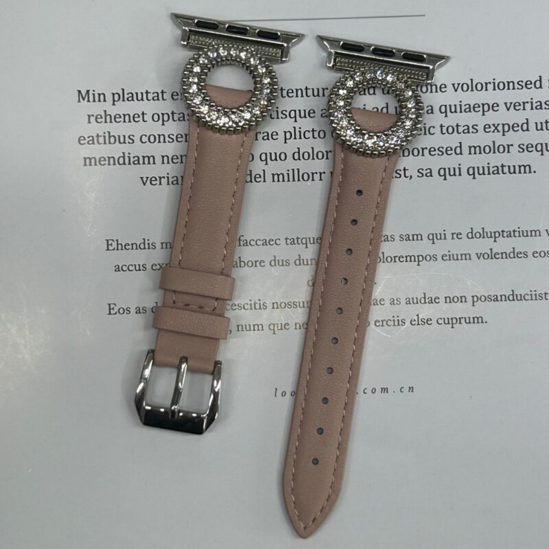 Suitable for Apple Watch, Nude Pink Leather Strap with Diamond-Encrusted Ring Buckle, Gentle Style Smart Wristband, Manufacturer's Supply