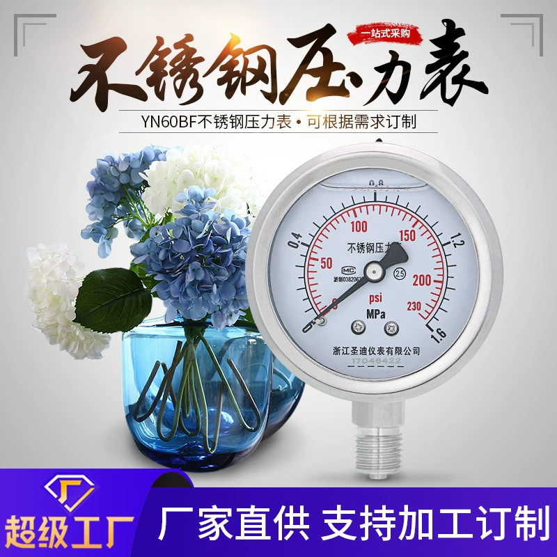 YN60BF, силиконовое масло, наполненное коррозионно-стойкой, устойчивой к высоким температурам и низким температурам, дюймовая резьба 2 ударопрочных манометра из нержавеющей стали