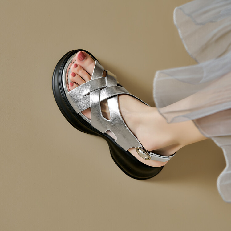 Sandal da cừu đế dày hở ngón tăng chiều cao nữ — Màu bạc, Màu mơ