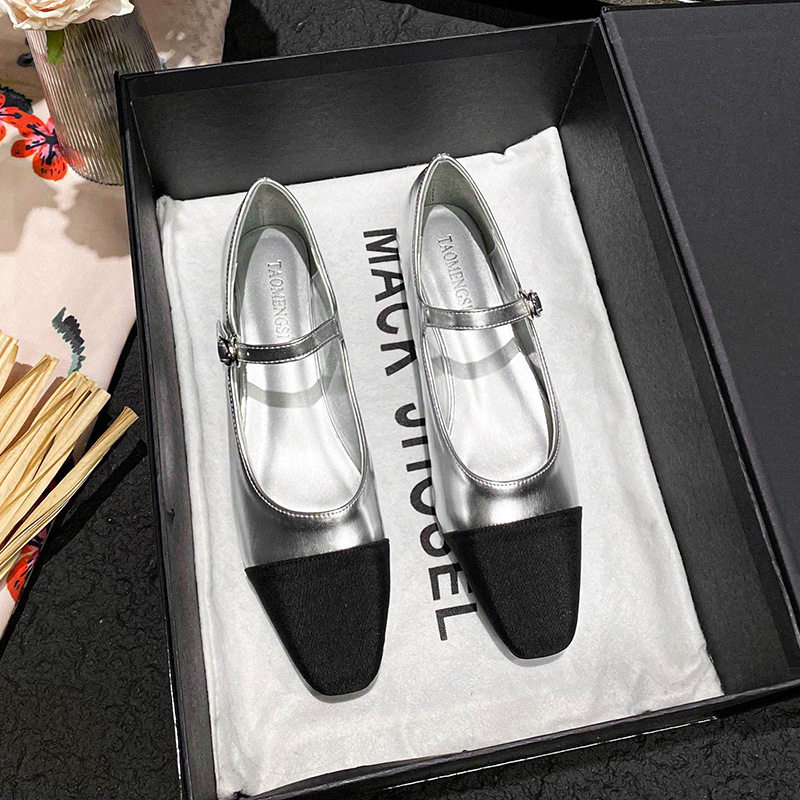 Giày Mary Jane nữ mũi vuông phối màu quai ngang, gót thấp 1–3 cm — Màu bạc, Màu mơ, Màu đen